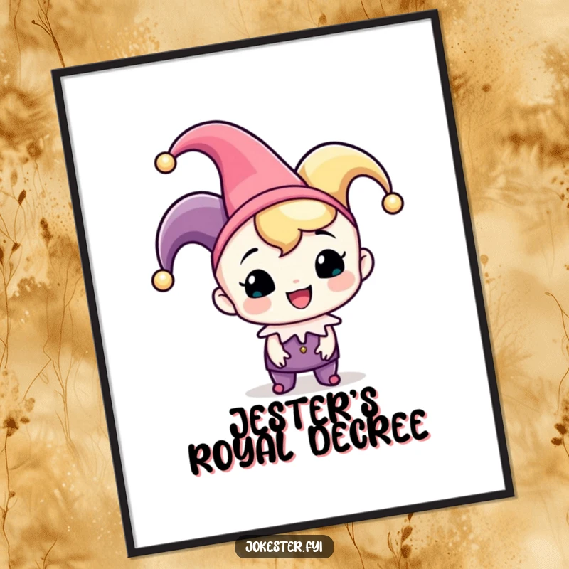 Funny jester digital art print, a cheerful character wearing a jester hat playfully tipping it. High-resolution art for a joyful atmosphere.