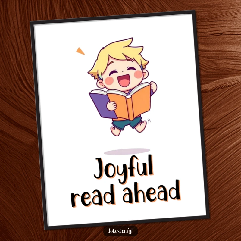 Funny joke book digital art print of a character in a joyful leap, clutching a huge joke book, ready for instant download and display.