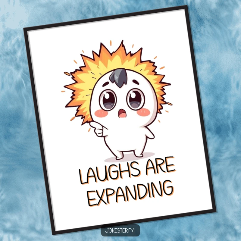 Funny Kawaii character with wide eyes pointing at a rapidly expanding explosion of colorful humor, as a humorous digital art print.