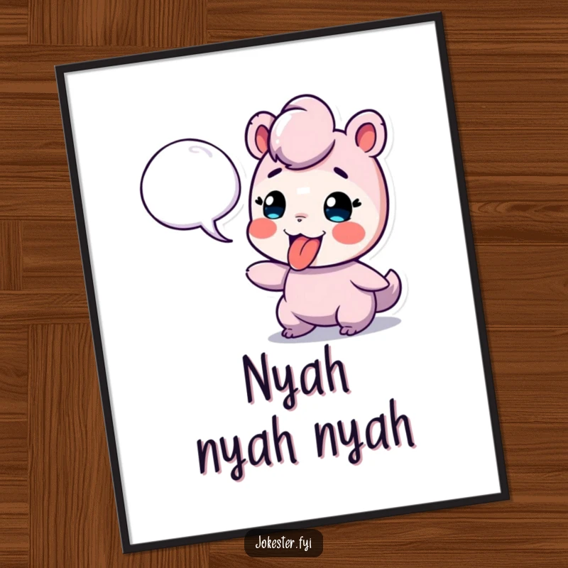 Funny digital art print of a playful character sticking its tongue out at a floating speech bubble, full of cheeky attitude.