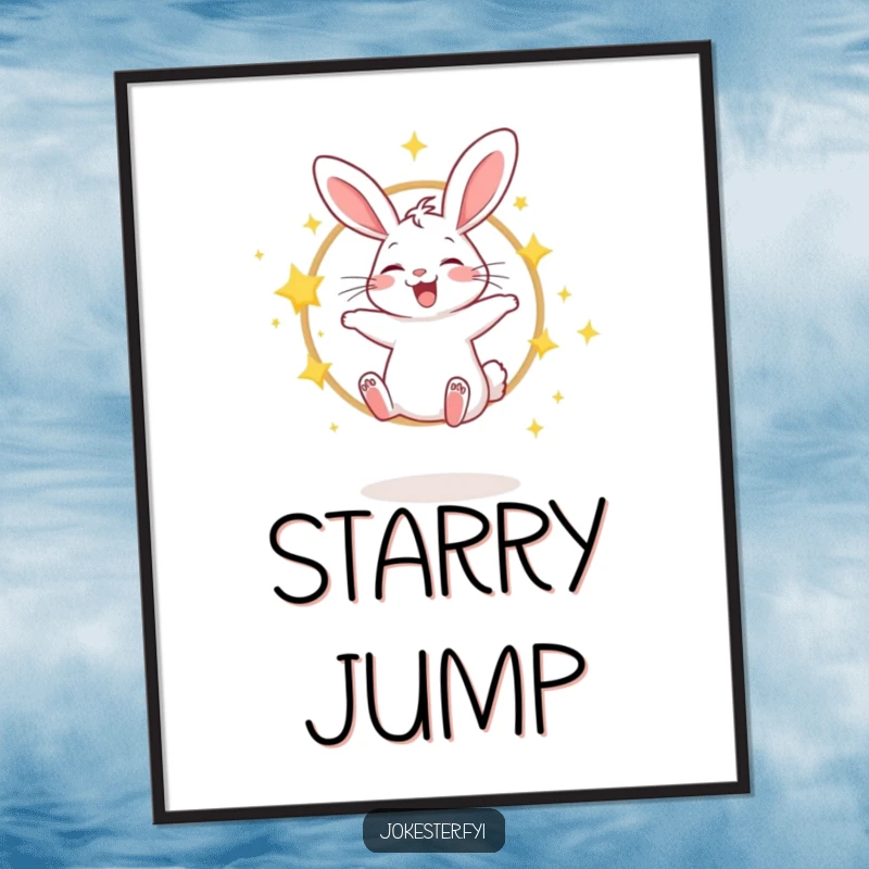 Funny digital art print of a giggling rabbit jumping through a hoop of sparkling stars, perfect for framing.