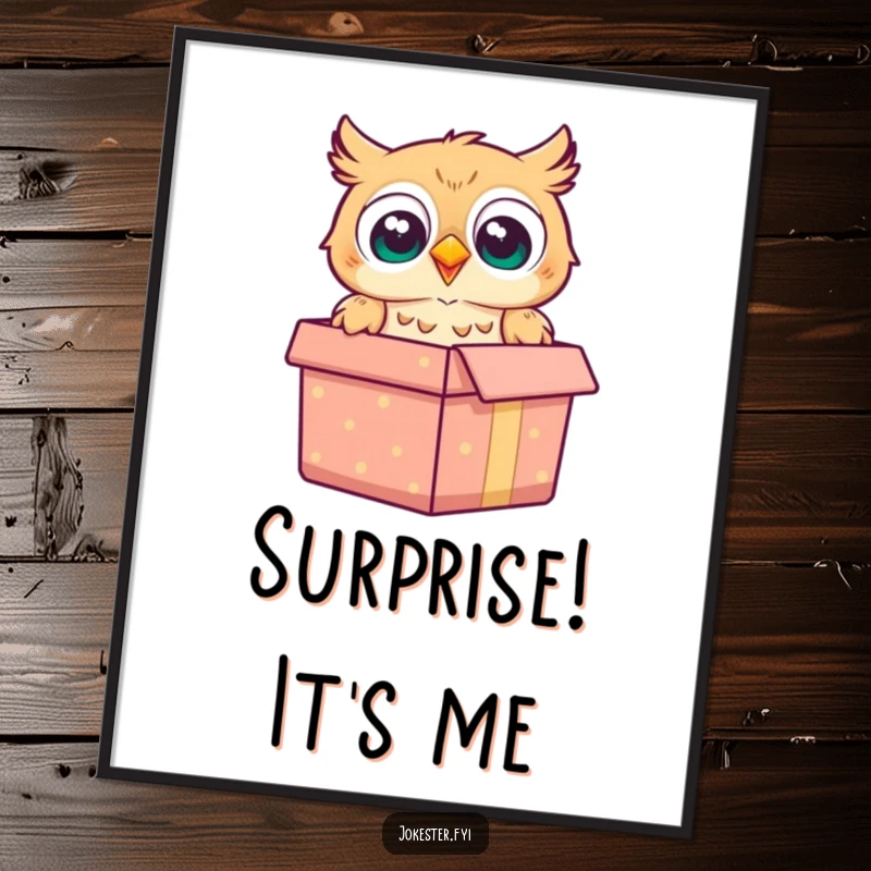 Funny owl digital art print of a cheerful owl popping out of a gift box with a surprised look, perfect for framing.