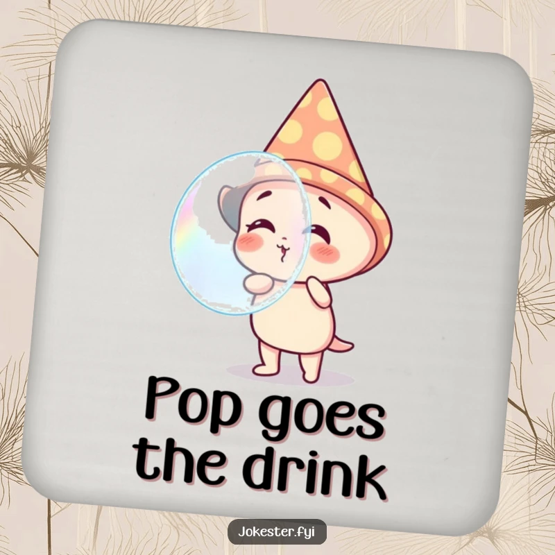 Funny drink coaster with a giggling character in a cone hat, blowing a huge, colorful bubble. Protects furniture with a smile.