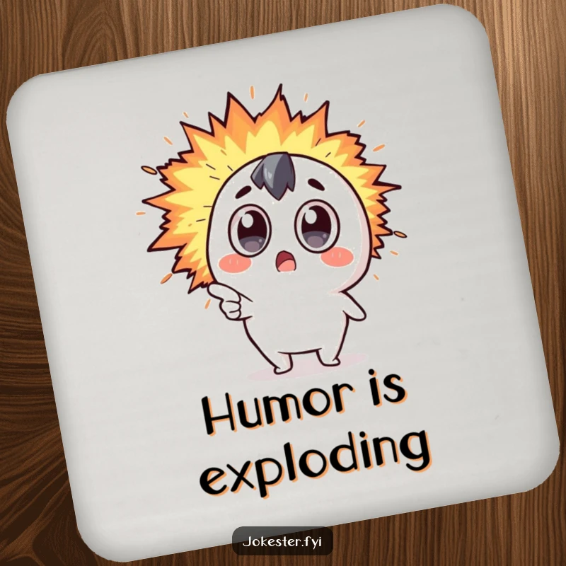 Funny Kawaii character with surprised eyes pointing at an explosion of humor on a drink coaster, adding funny protection.