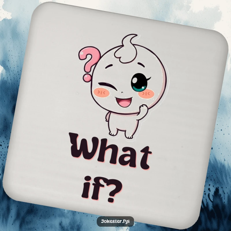 Funny drink coaster showing a character with a mischievous grin, playfully tickling a floating question mark, protecting furniture with humor.