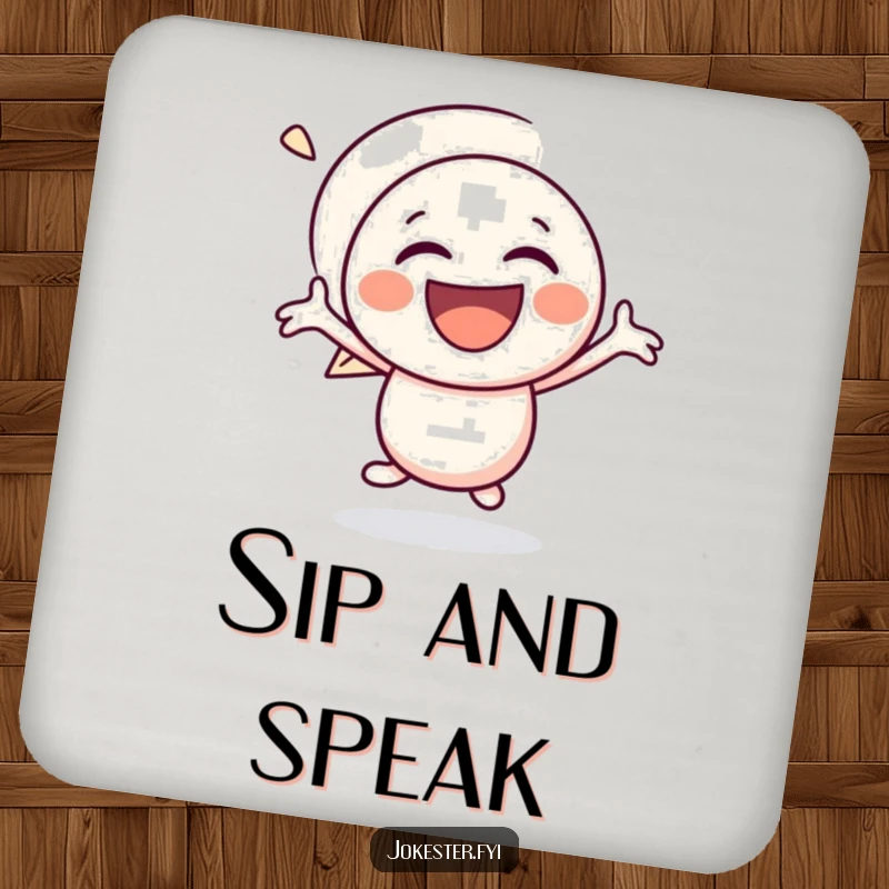 Funny speech bubble coaster showcasing a laughing character bouncing with glee, protecting tables with a smile and comical charm.