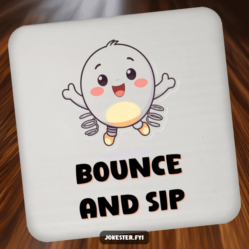 Funny drink coaster showing a cheerful character with springs on its feet, bouncing gleefully, protecting furniture with humor.