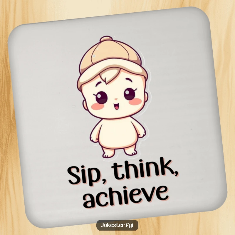 Funny drink coaster showcasing a clever character wearing a thinking cap, looking inspired, adding intellectual humor to table settings.
