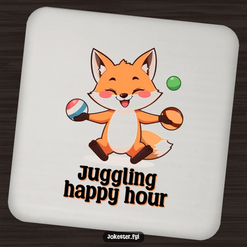 A funny fox juggling three balls is featured on these coasters, adding cheerful, humorous protection to tabletops.