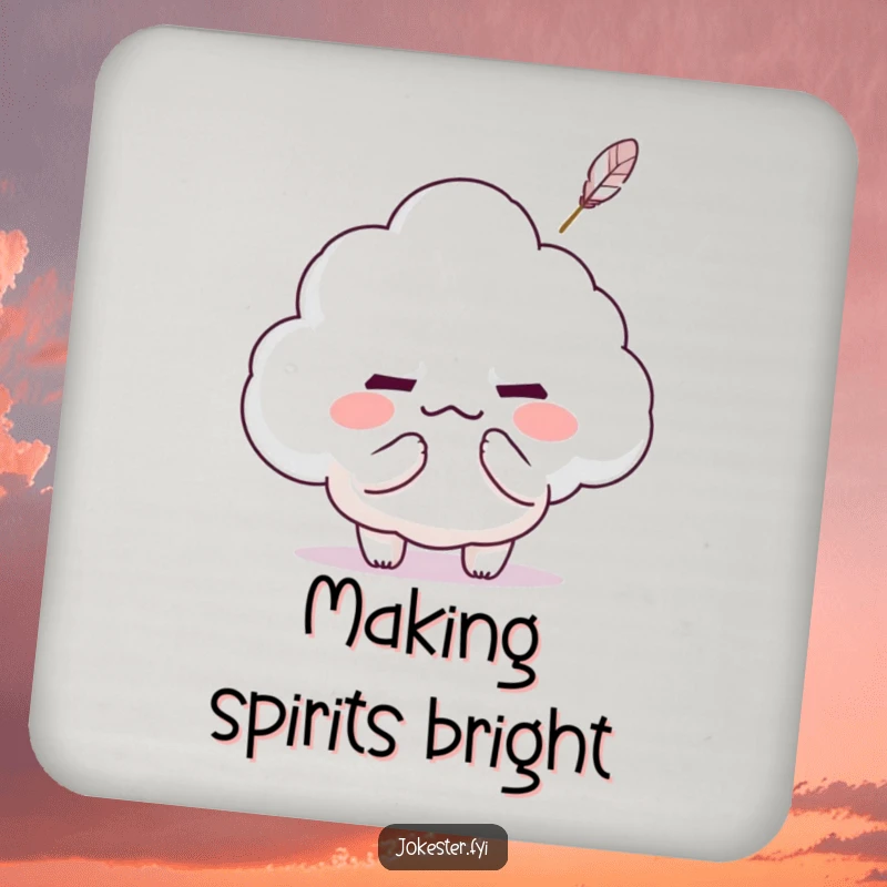 Funny Kawaii character tickling a grumpy cloud with a feather, making it smile, set of protective drink coasters.