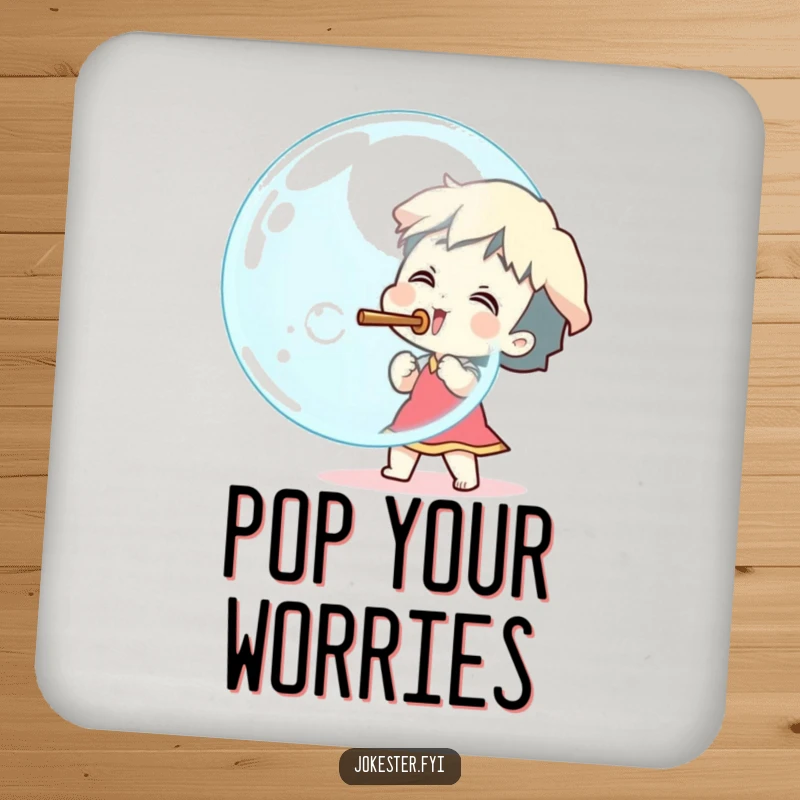 Funny excited character blowing a huge bubble with a stick, absorbent drink coaster, cartoon art, table protection, unique funny gift.