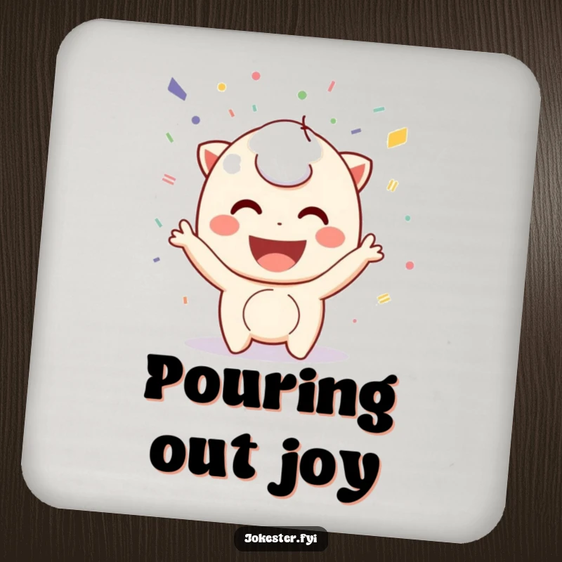 Funny confetti drink coaster, a playful character smiling and throwing colorful confetti. A humorous and protective accessory.
