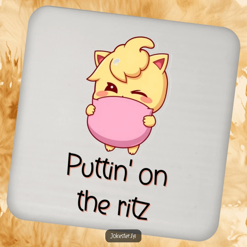 Funny whoopee cushion drink coaster with a mischievous winking character holding a whoopee cushion, adding a humorous touch to surfaces.