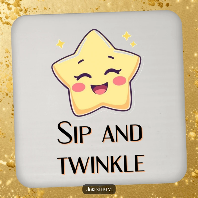 Funny Star Coaster depicting a joyful star character winking playfully, safeguarding your surfaces with cosmic humor.