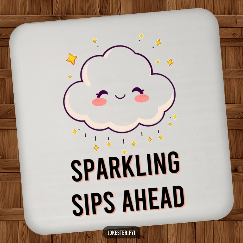 Funny drink coasters featuring a happy cloud character raining tiny, sparkling stars with a cheerful grin.