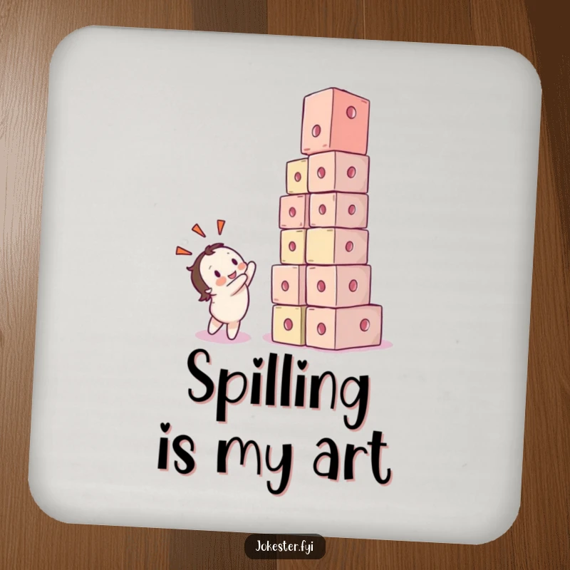 Funny drink coaster showcasing a delighted character observing a comical collapse of colorful cubes. Protects surfaces with humor.