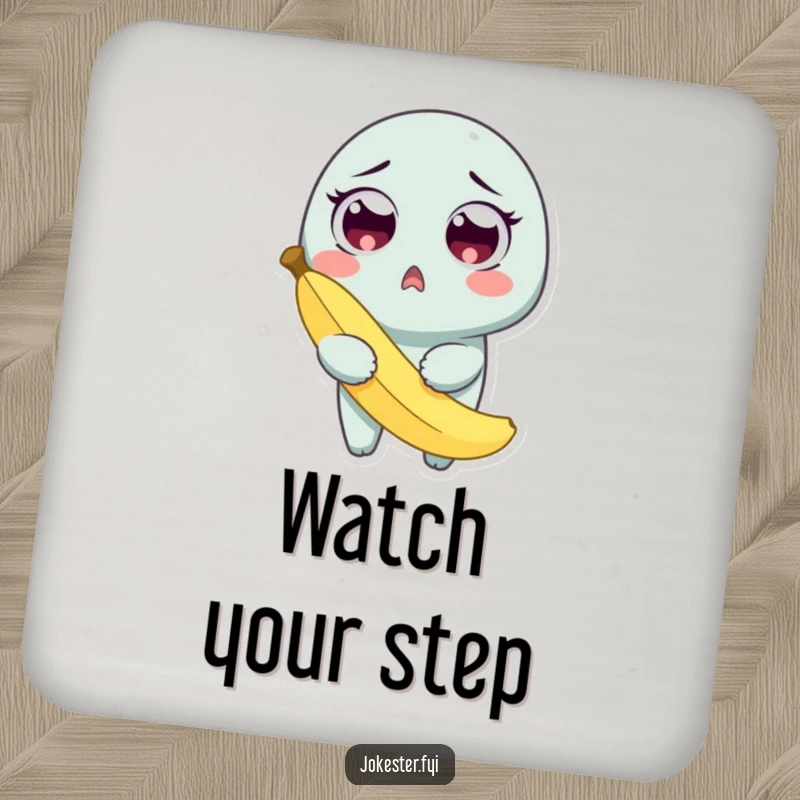 Funny drink coaster showing a surprised character holding a banana peel after slipping, protecting furniture with humor.