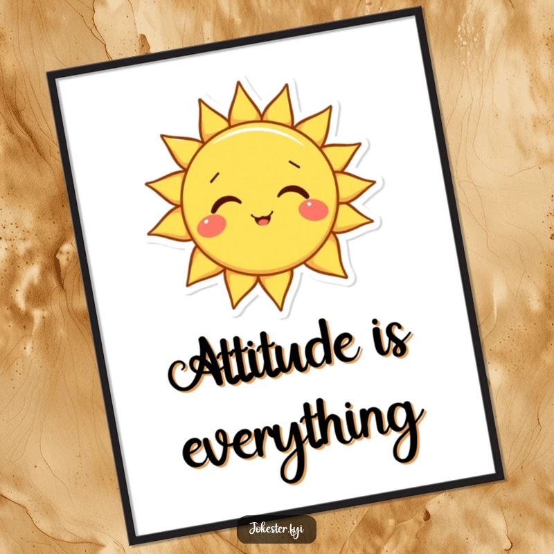 Funny sun poster depicting a happy smiling sun character tilting its head playfully, radiating warmth and cheerful humor.