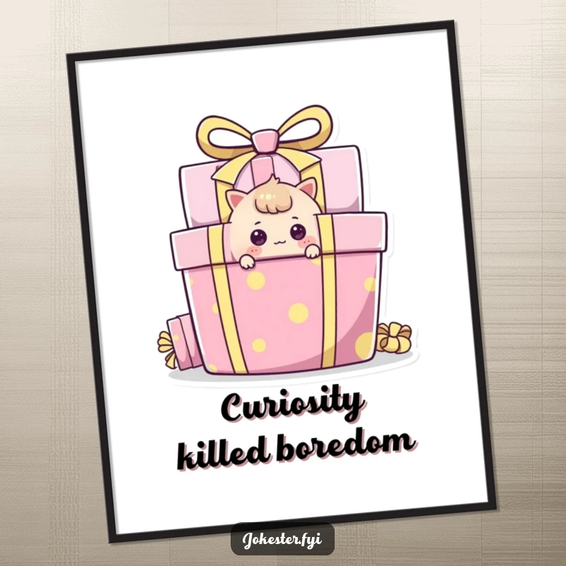 Funny Poster of a curious character peeking around a giant, colorful gift box, adding mystery and humor.