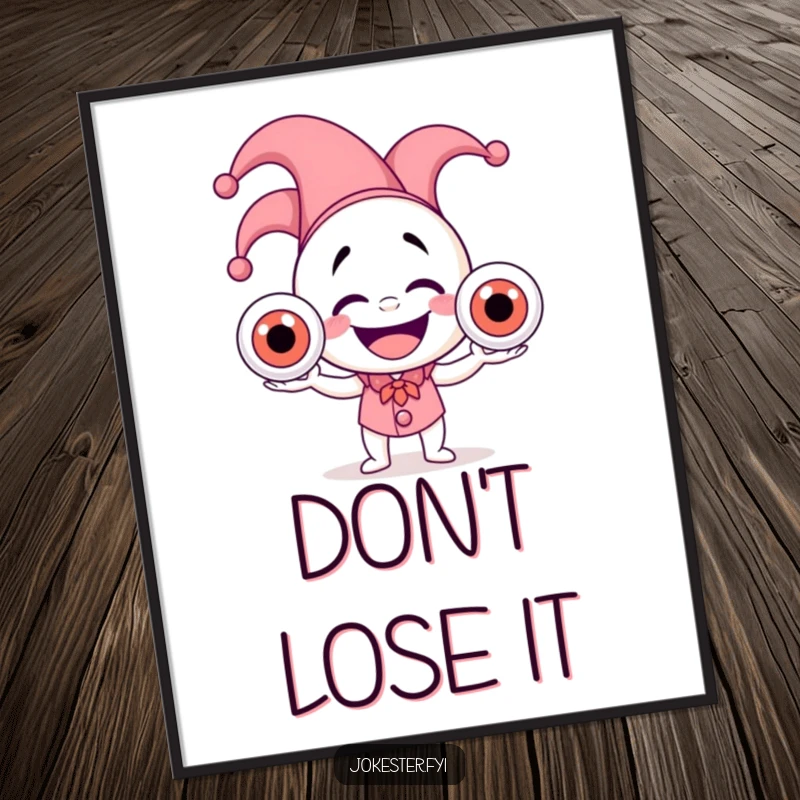 Funny poster of a laughing jester in a hat, gleefully juggling three large, unstable eyeballs, creating a whimsical scene.