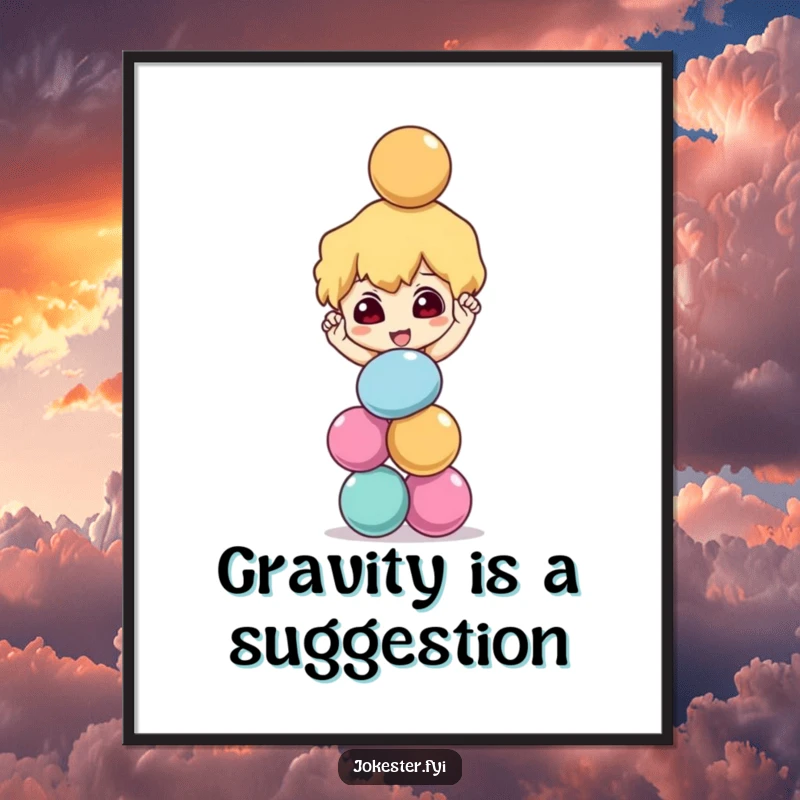 Funny mischievous character balancing a stack of colorful balls precariously, playful wall art, juggling illustration, humorous decor, funny art gift.