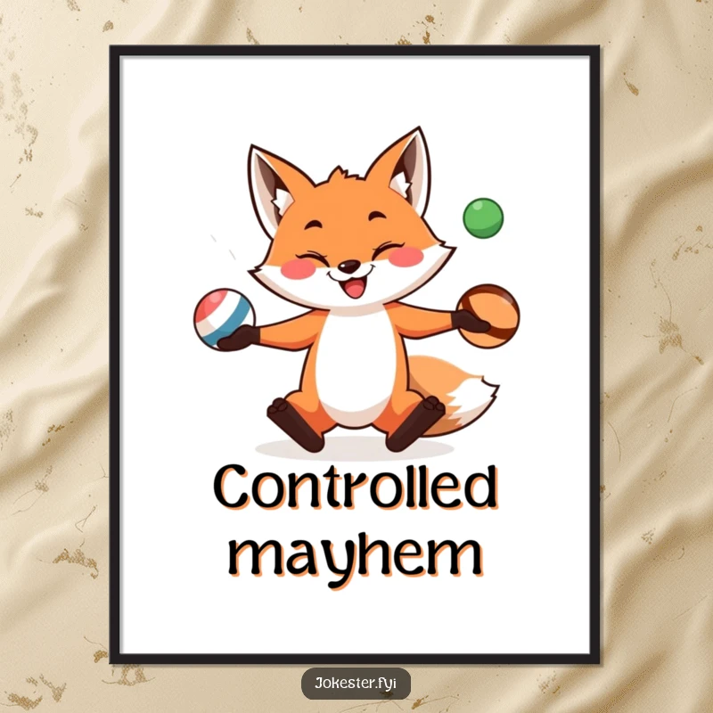 Funny fox with a sly smile expertly juggles three colorful balls, adding a whimsical, humorous touch to wall art.