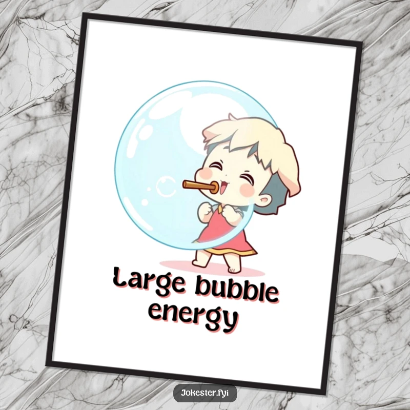 Funny excited character blowing a huge bubble with a stick, playful wall art, cartoon illustration, cheerful decor, funny art gift.