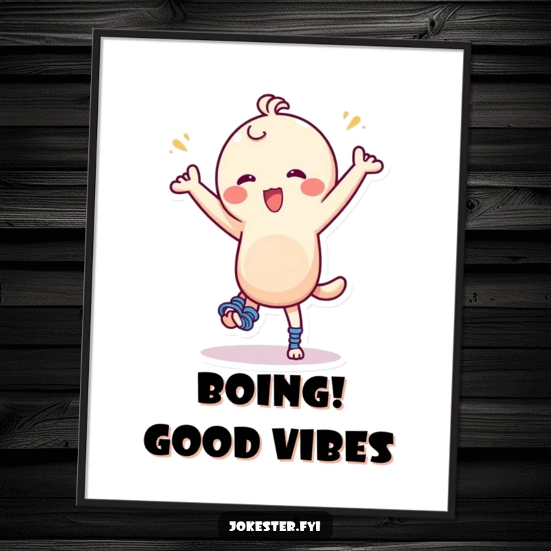 Funny Poster: A playful character with giant springs on its feet performing a silly dance, creating a humorous and energetic visual.