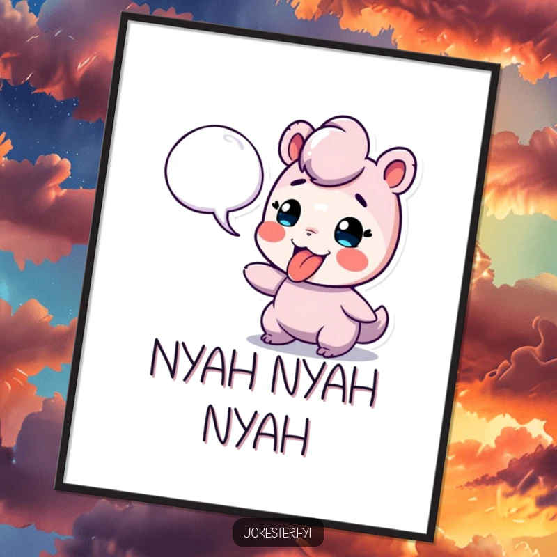 Funny poster art of a playful character sticking its tongue out at a floating speech bubble, conveying cheeky defiance.