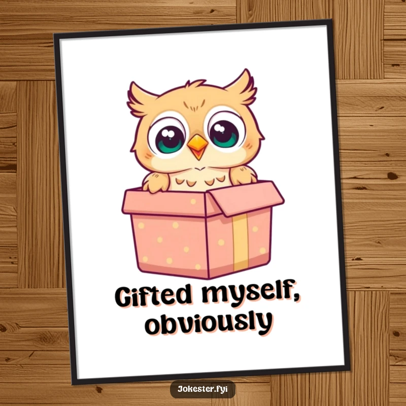 Funny owl poster featuring a cheerful owl popping out of a gift box with a surprised look, perfect for walls.