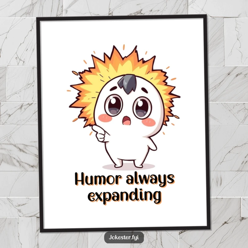 Funny Kawaii character with wide eyes pointing at a rapidly expanding explosion of humor, as a dynamic poster print.