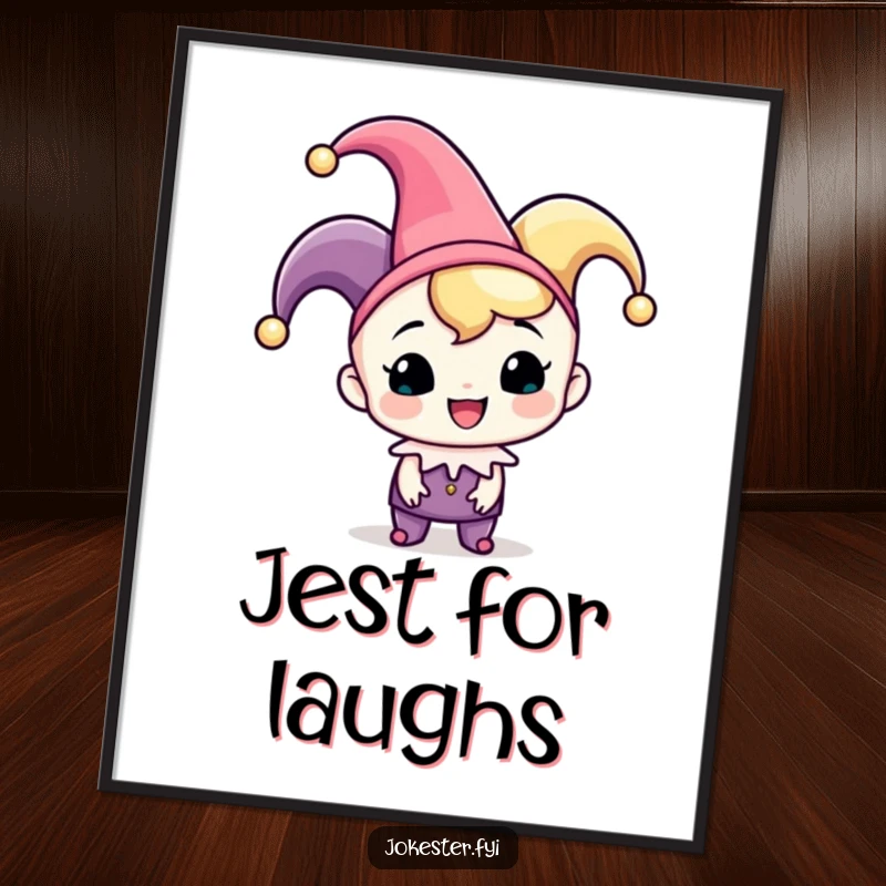 Funny jester poster, a cheerful character wearing a jester hat playfully tipping it, bringing joy and humor to wall decor.