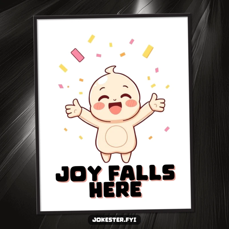 Funny poster depicting a happy character with arms outstretched, catching falling confetti, creating a joyous and festive atmosphere.