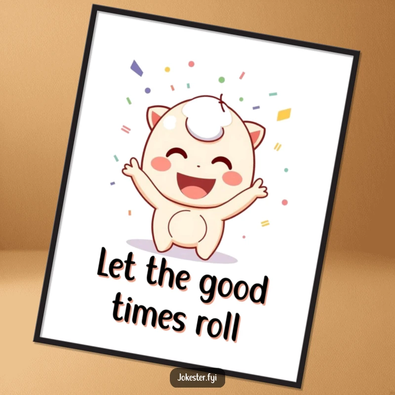 Funny confetti poster, a playful character with a big smile joyfully throwing colorful confetti into the air. Festive and humorous wall art.