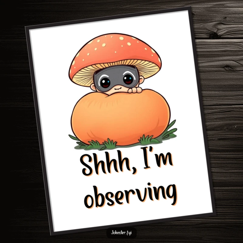 Funny poster featuring a curious character in a funny mask, peeking from behind a very large, vividly colored puffball mushroom. Mysterious and charming.