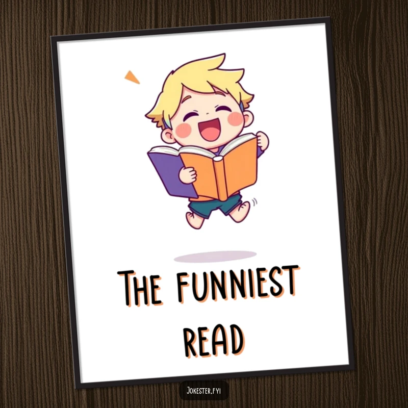 Funny joke book poster depicting a character in a joyful leap, clutching a massive joke book, radiating pure, unadulterated happiness and mirth.