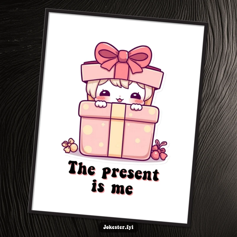 Funny Poster: A playful character humorously peeking out from behind a large, festive, colorful present.