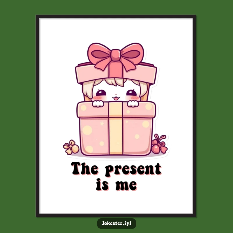 Funny Poster Art: Playful Character Peeking from Present - Humorous Wall Decor!
