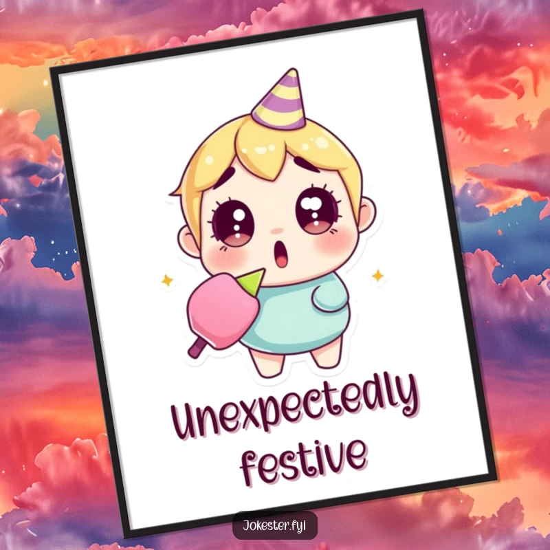 Funny surprised party popper poster showing a character with enormous, wide eyes, frozen in shock, holding a confetti-filled, popped party popper.