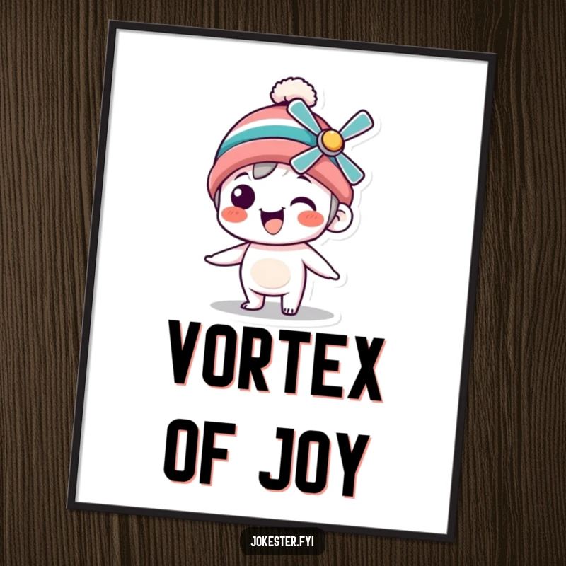 Funny Poster depicting a silly character wearing a propeller beanie, captured mid-spin with infectious delight and whimsical energy.