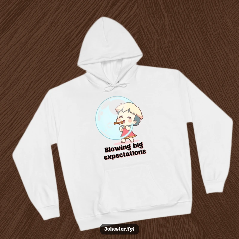 Funny excited character blowing a huge bubble with a stick, comfortable hoodie, cartoon character, playful design, funny gift.