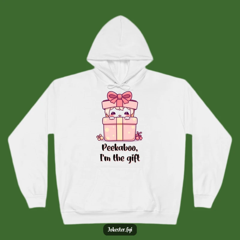 Cozy Funny Hoodie: Playful Character Peeking from Present - Warm & Humorous Gift!