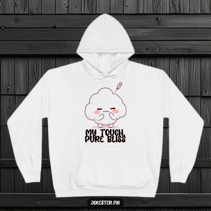 Funny Kawaii character tickling a grumpy cloud with a feather, inducing smiles, on a soft, cozy hoodie.