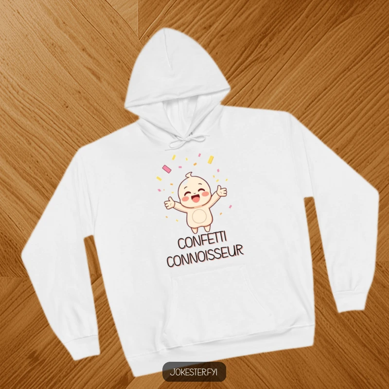Funny hoodie featuring a happy character with arms outstretched, catching falling confetti, perfect for comfortable and festive wear.