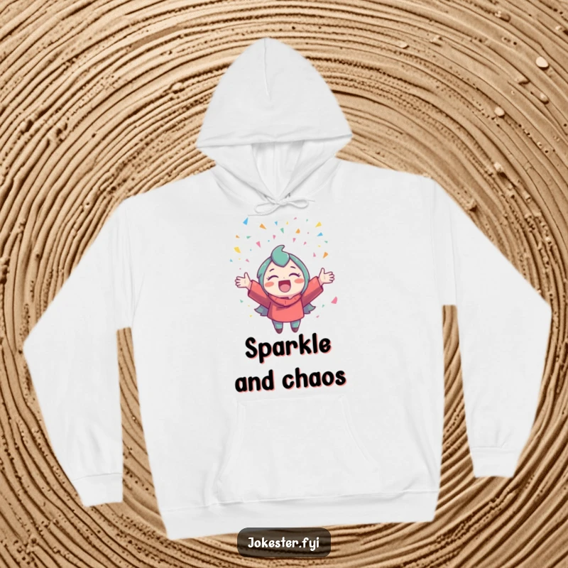 Funny Confetti Hoodie: A delighted character in a cozy hoodie throws confetti, radiating festive cheer.