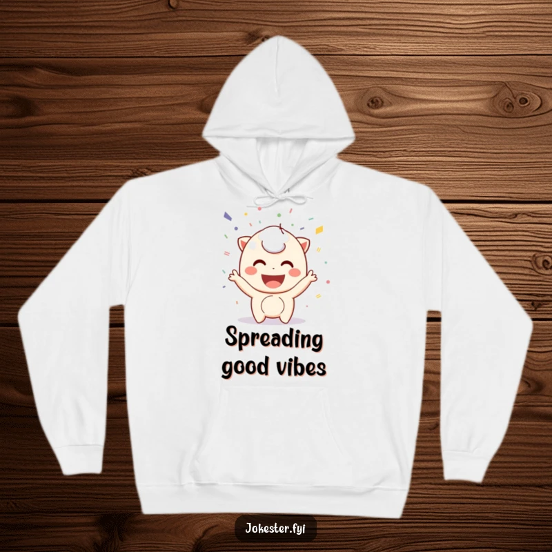 Funny confetti hoodie, a playful character with a big smile throwing colorful confetti, embodying a joyful celebration.