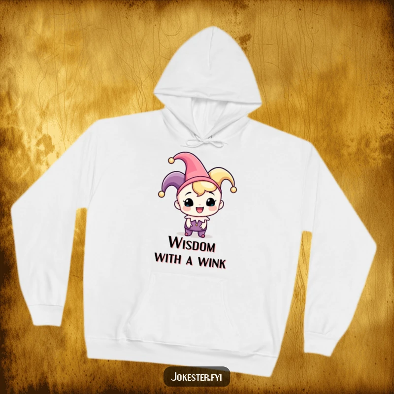 Funny jester cap hoodie, a cheerful character in a jester hat playfully tipping it, offering warmth and humor.