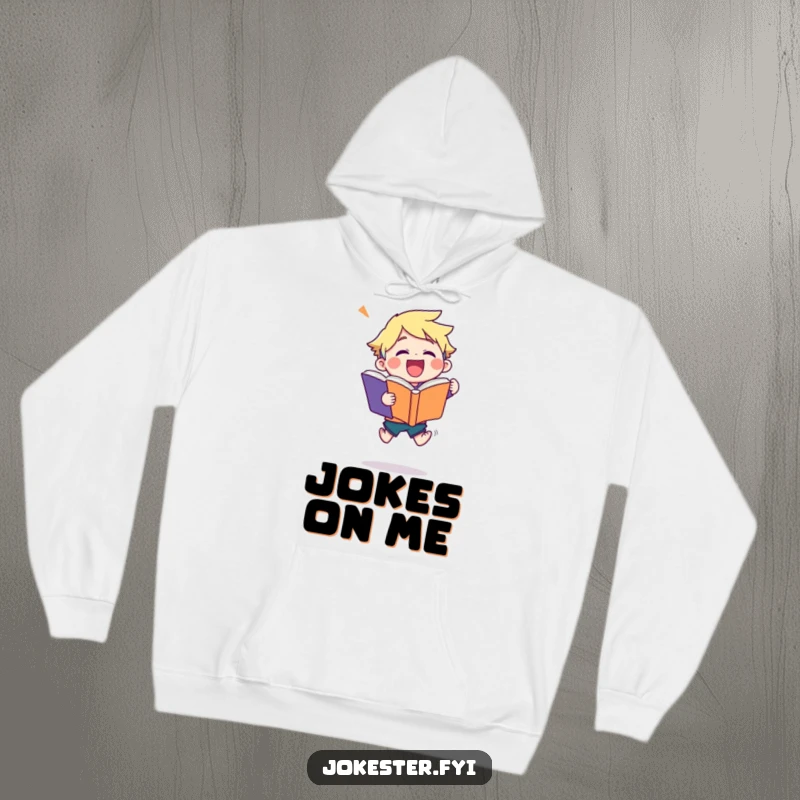 Funny joke book hoodie showing a character in mid-air jump, holding a large joke book, embodying happiness and a passion for comedy.