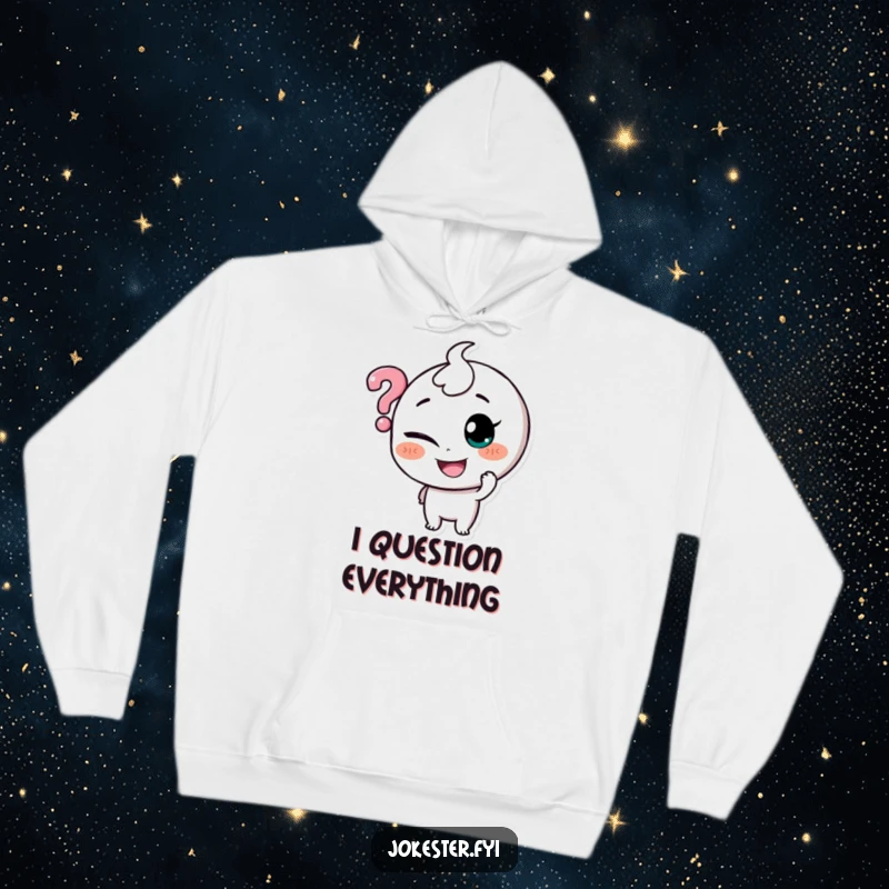 Funny hoodie featuring a smiling character with a mischievous expression, playfully tickling a hovering question mark.