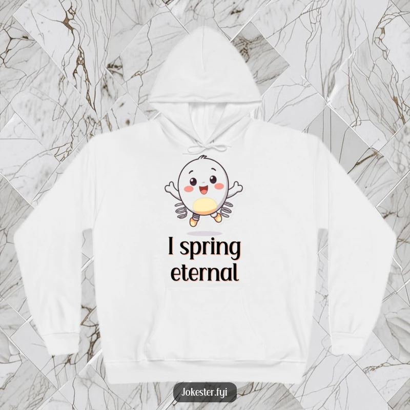 Funny hoodie showing a cheerful character on springs, bouncing gleefully in the air, embodying pure joy and energy.